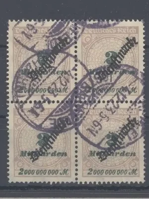 Sofort bestellen | Deutschland vor 1945 Dt. Reich Dienst, Viererblock Michel Nr. 84, 2 Mrd. gestempelt, geprüft