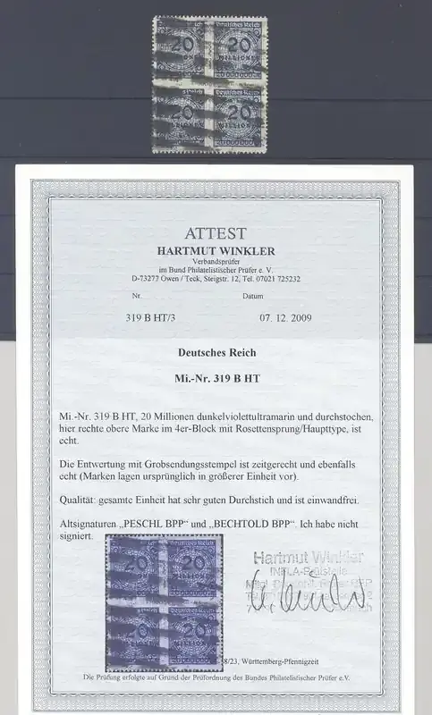 Deutschland vor 1945 Dt. Reich Mi Nr. 319 B HT, 20 Mio. 1923 Viererblock gestempelt, FA BPP - Nur für kurze Zeit