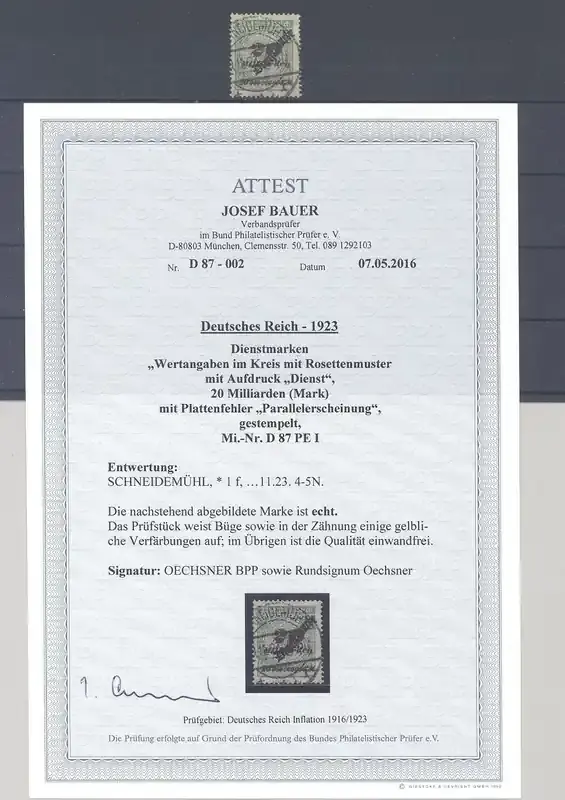 Deutschland vor 1945 Dt. Reich Dienst Michel Nr. 87 Pe I, 20 Mrd. 1923 gestempelt, FA BPP | Schnell zugreifen