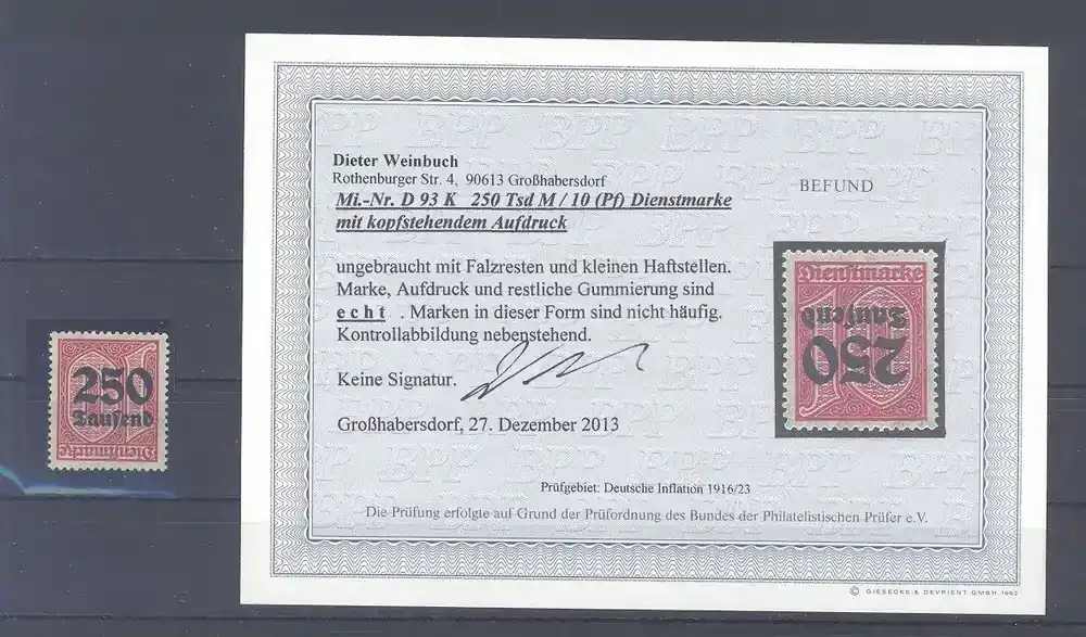 Premium-Qualität - Deutschland vor 1945 Dt. Reich Dienst Nr. 93 K, 250 Tsd. kopfstehender Druck *, Befund BPP