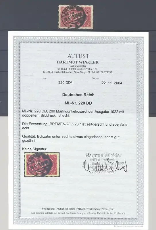 Beliebt | Deutschland vor 1945 Dt. Reich Mi. Nr. 220 DD, 200 Mark Doppeldruck 1922 gestempelt, FA BPP
