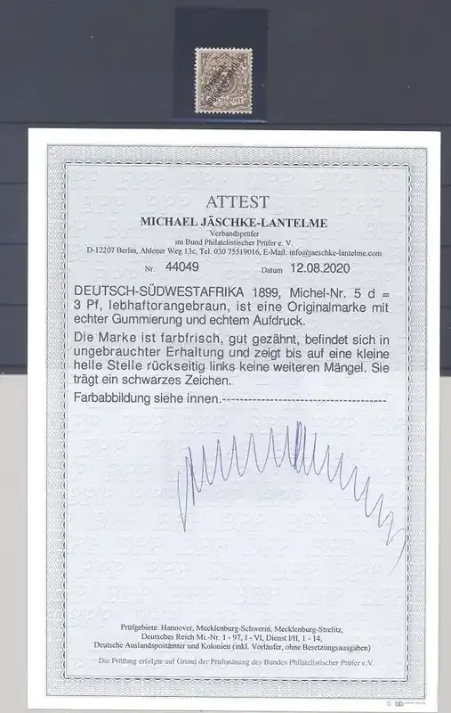Rabatt - Deutschland vor 1945 Dt. Kolonien DSWA Michel Nr. 5d, 3 Pfg. 1899 ungebraucht *, FA BPP