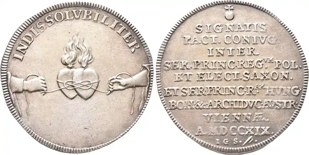 Nur wenige verfügbar - Sachsen 1/2 Reichstaler 1719, Dresden. Friedrich August I. 1694-1733, auf die Vermählung seines Sohnes. Herrliche Patina, vorzüglich-Stempelglanz