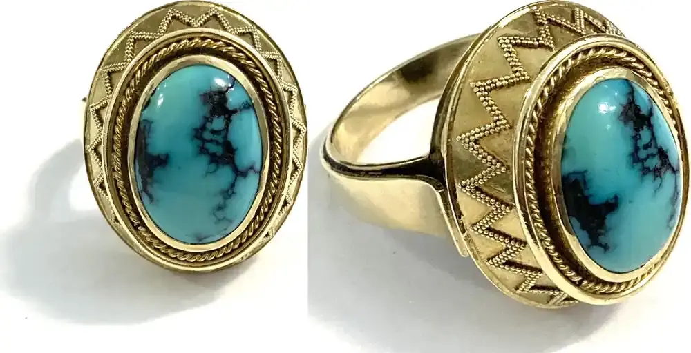 Sonderpreis - Ring Türkis-Cabochon oval Zargenfassung 585er Gelbgold Granulation Gr. 64
