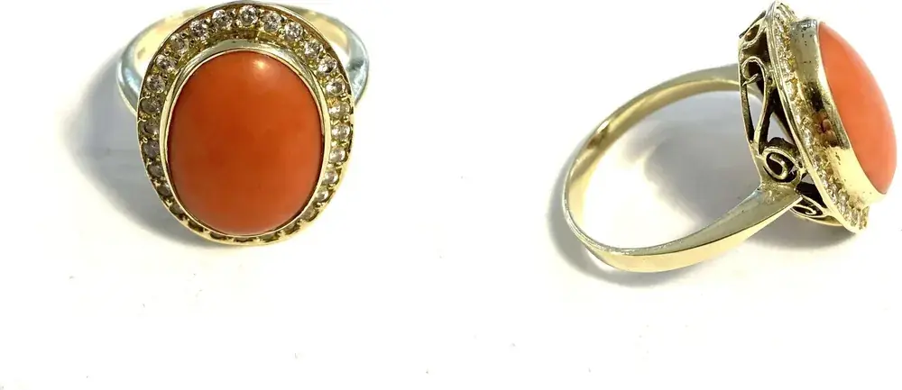 Goldring Koralle-Cabochon + 28 Brillanten 585er Gelbgold / 14 Karat Gr. 57 | Günstig