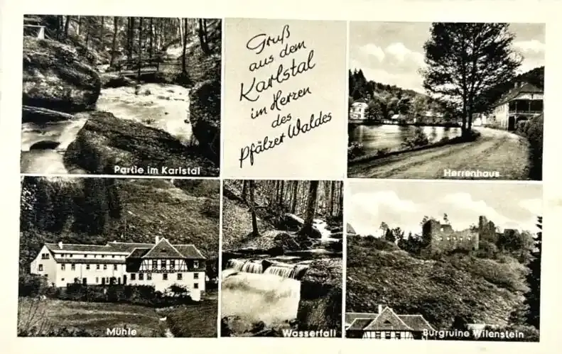 Deutschland Ansichtskarte Karlstal Pfälzer Wald 1956 Herrenhaus + Mühle gute Erhaltung | Beliebt