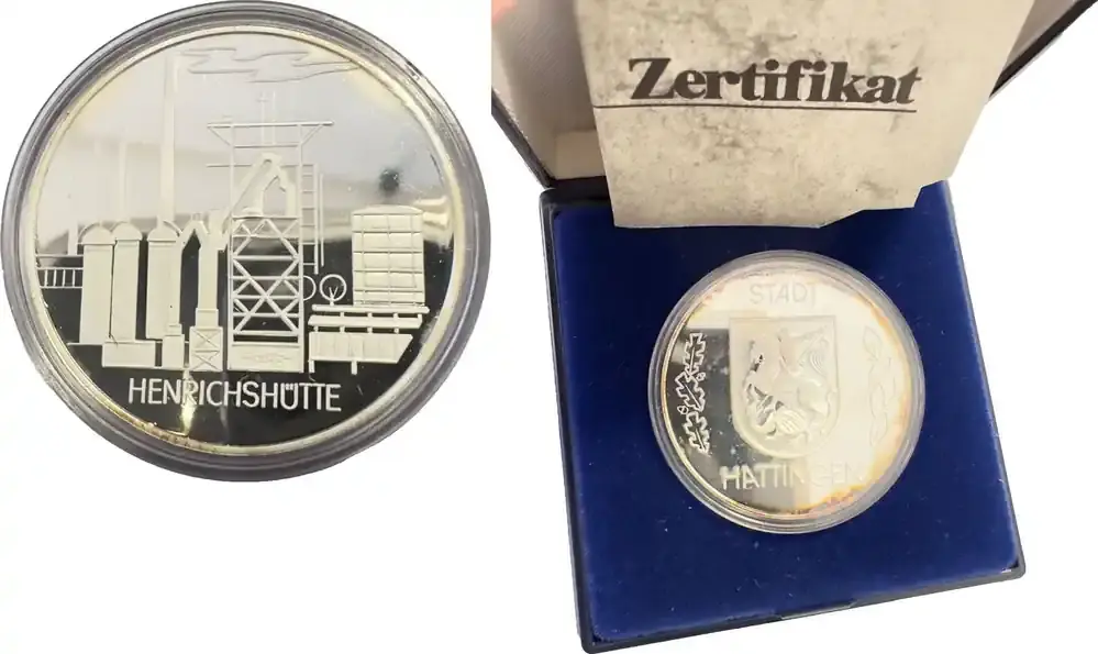 Deutschland Medaille Stadt Hattingen Heinrichshütte Drachentöter St. Georg mit dem Drachen Zertifikat + Etui proof Quality , Rand angelaufen - Jetzt kaufen