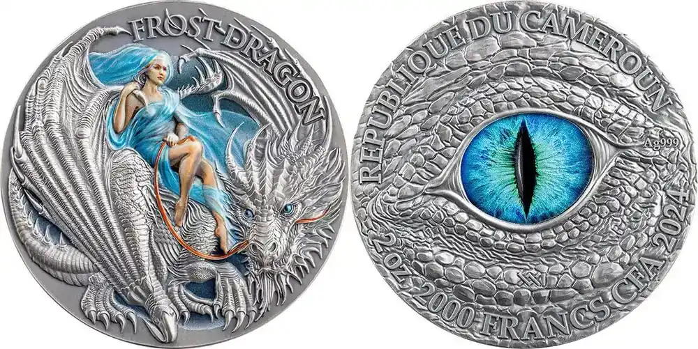 Preis gesenkt - Frost Dragon The Dragonology 2 oz Antique finish Silver Coin 2000 Francs CFA Cameroon 2024