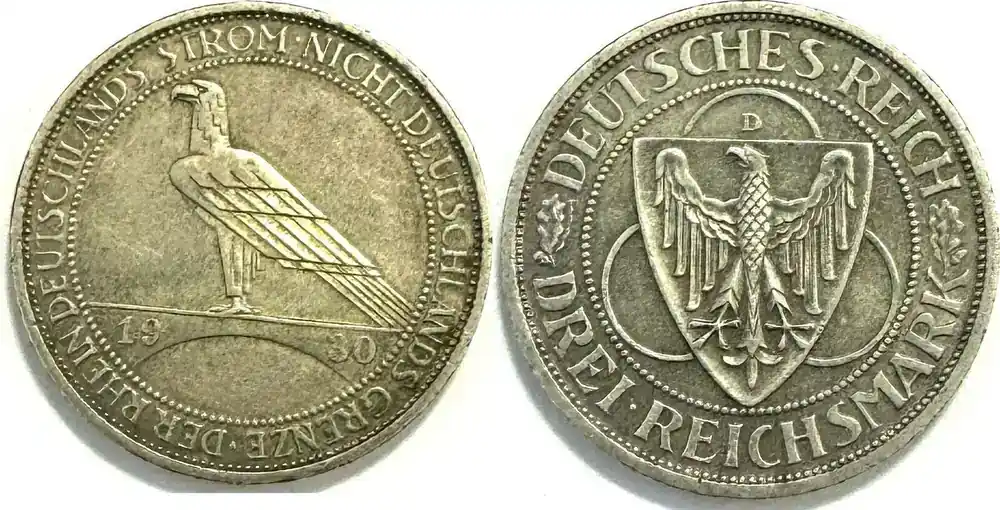 Sicher einkaufen | Weimarer Republik 3 Reichsmark 1930 D Rheinland-Räumung Adler auf Brücke vz
