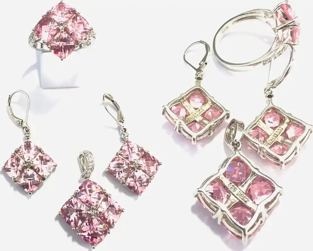 Sofort kaufen | Schmuckset Ring Ohrhänger Anhänger rosa Zirkonia Set 925 er Silber Zirkonia DQCZ sehr gut