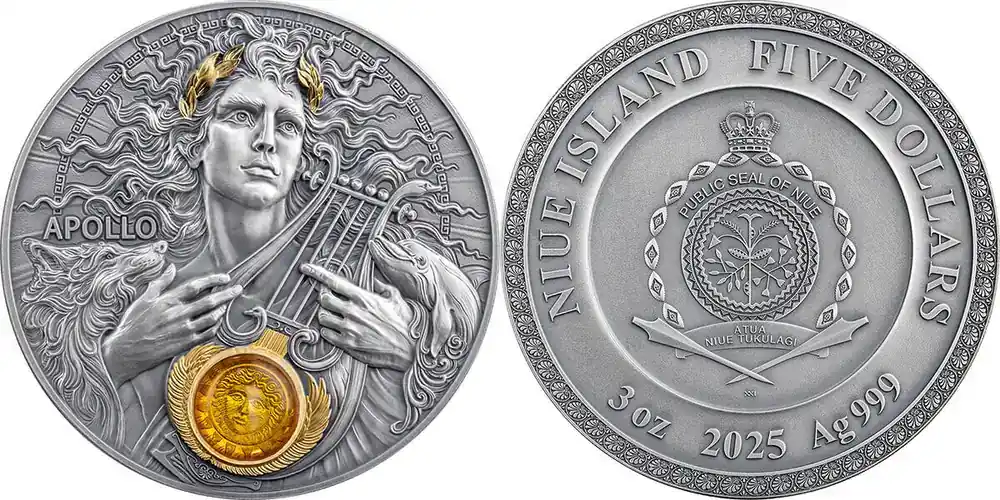 Qualitätsprodukt | 2025 Niue 5 dollars Divine Faces of the Sun – Apollo Antique finish