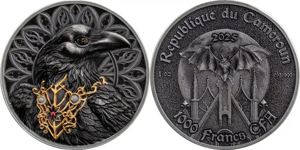 Versandbereit | 2025 Republic of Cameroon 1000 francs CFA Creatures of Nocturne – The Raven Ag Antique finish