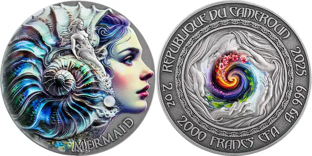 Preiswert | 2025 Republic of Cameroon 2000 francs CFA Nature Spirits – Mermaid Ag Antique finish