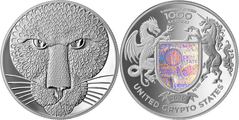 United Crypto States 1000 satoshi 2025 Puma Binary World 1 oz Proof Silver Coin PP | Ausverkauf