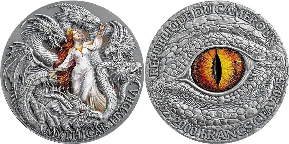 Jetzt neu - Mythical Hydra The Dragonology 2 oz Antique finish Silver Coin 2000 Francs CFA Cameroon 2025