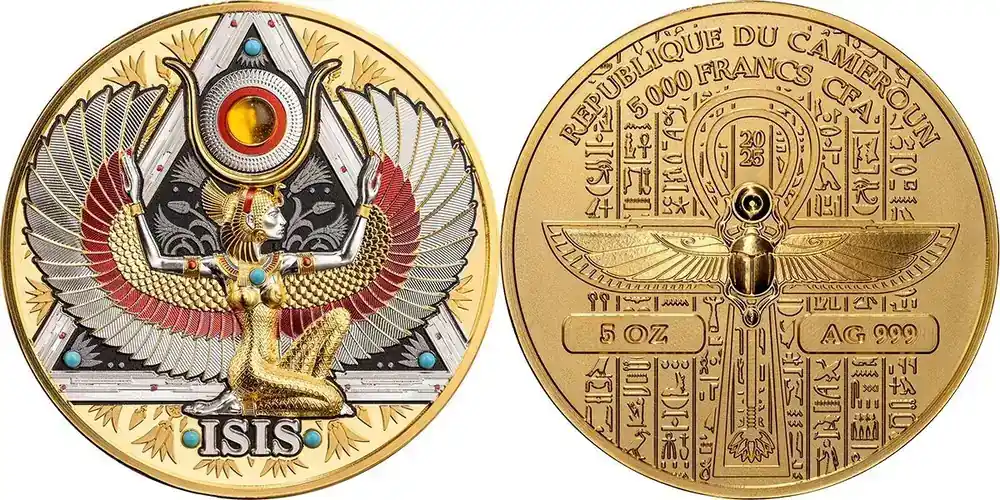 Schnell zugreifen - Isis Gold Grandeur 5 oz Proof-like Silver Coin 5000 Francs CFA Cameroon 2025 Antique finish