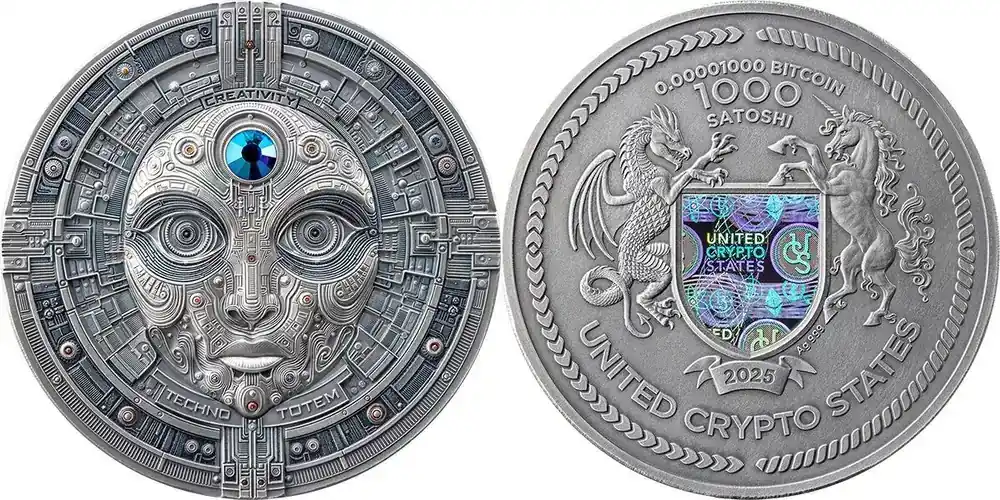 The Creator Techno Totem United Crypto States 2 oz Proof Silver Coin 1000 Satoshi 2025 United Crypto States Antique finish | Extra-Rabatt