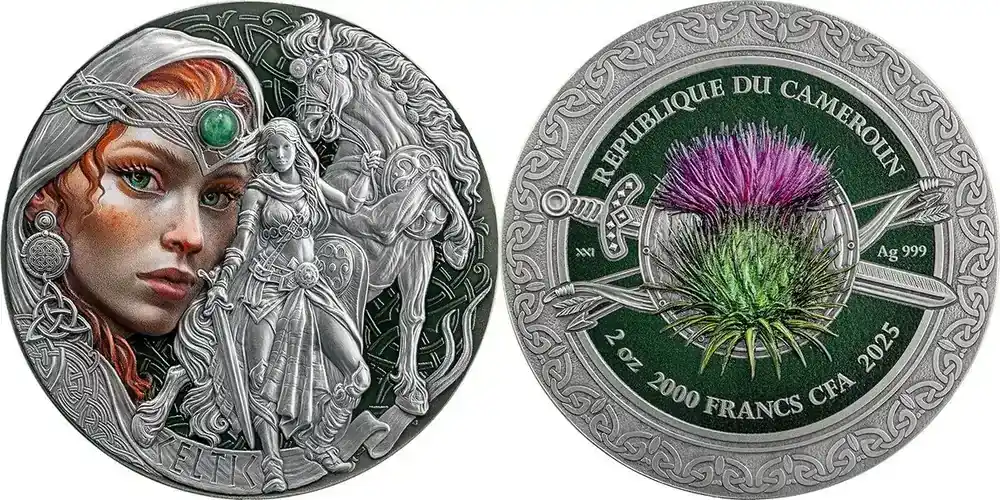 Nur diese Woche - Celtic Femina Bellator 2 oz Antique finish Silver Coin 2000 Francs CFA Cameroon 2025