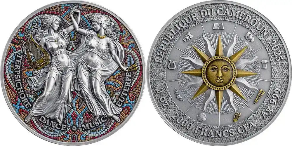 Terpsichore & Euterpe The Nine Muses 2 oz Antique finish Silver Coin 2000 Francs CFA Cameroon 2025 | Schnäppchen