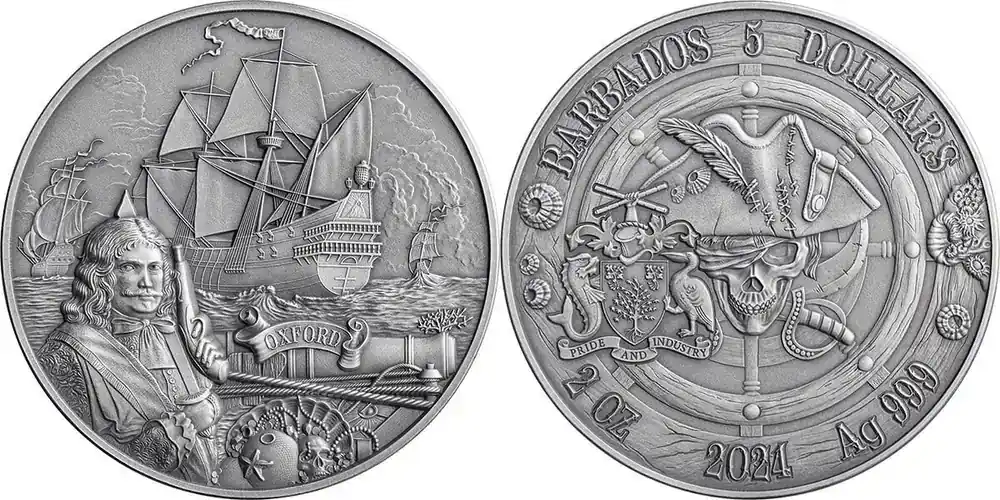 5 dollars Oxford Captains of Fortune 2 oz Antique finish Silver Coin 5 Barbados 2024 | Sichere Zahlung