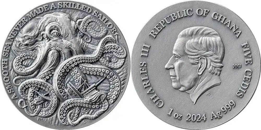 5 сedis Kraken Life Quotes 1 oz Antique finish Silver Coin 5 Cedis Republic of Ghana 2024 - Neu verfügbar