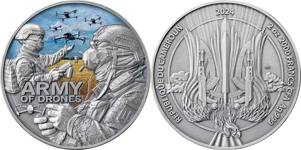 Army of Drones Guardians of Freedom 2 oz Antique finish Silver Coin 2000 Francs CFA Cameroon 2024 | Jetzt sichern