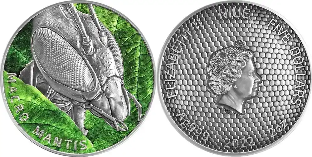 Wochenendangebot | 5 Dollars Macro Mantis Macro Insects 2 oz Antique finish Silver Coin 5 Niue 2022