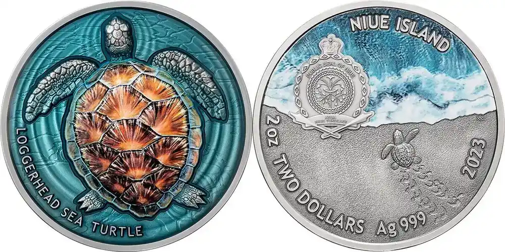 2 Dollars Loggerhead Sea Turtle Lifelong Journey 2 oz Antique finish Silver Coin 2 Niue 2023 - Sofort bestellbar