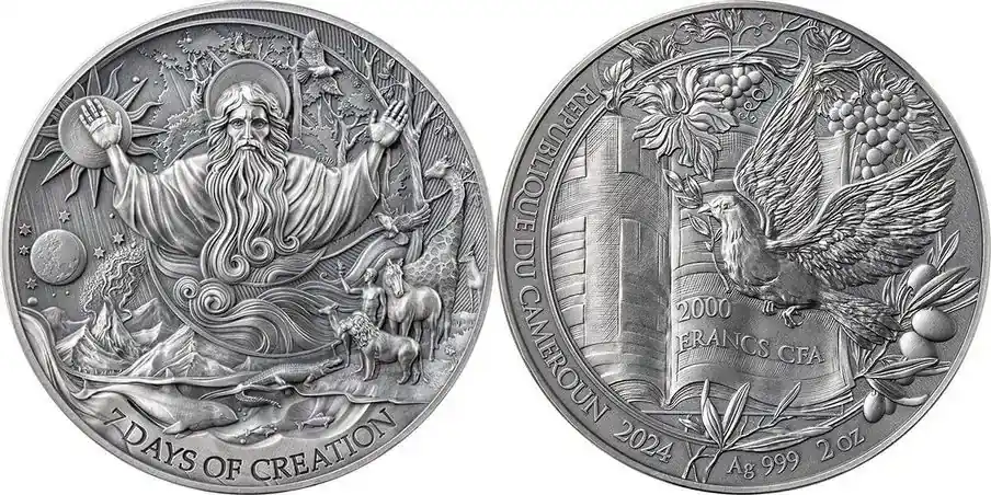 Neuzugang | The Seven Days of Creation Bible Stories 2 oz Antique finish Silver Coin 2000 Francs CFA Cameroon 2024