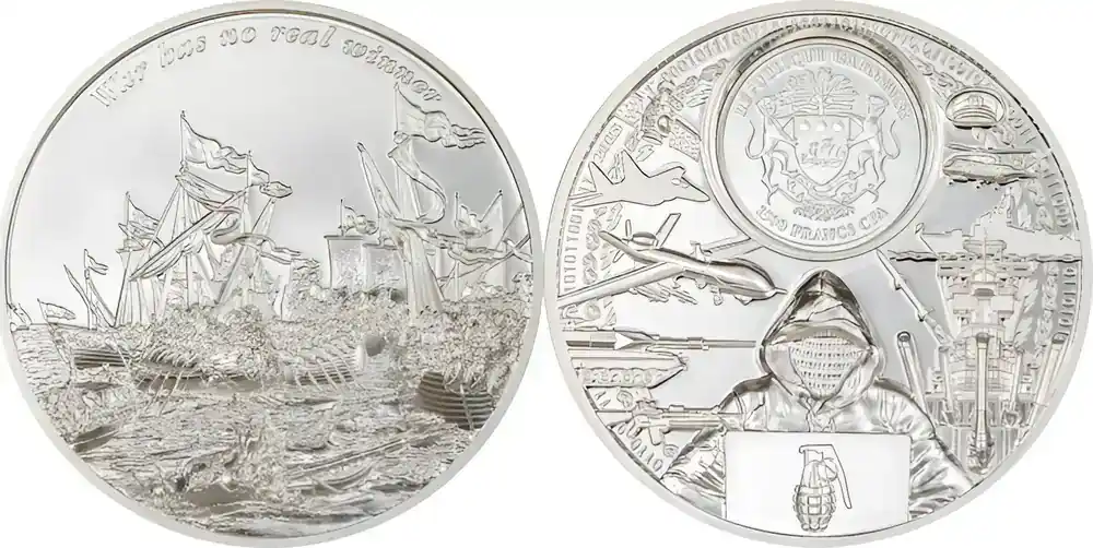 Preis gesenkt - War Has No Real Winner Time Flies 2 oz Proof Silver Coin 1500 Francs Gabon 2023 PP