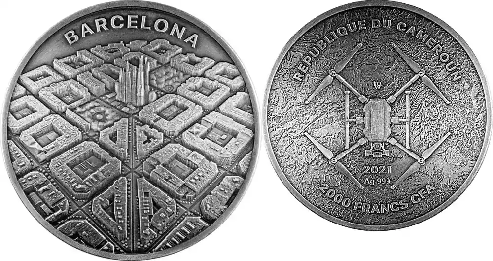 Barcelona Labyrinth From Drone Eye View 2 oz Antique finish Silver Coin 2000 Francs CFA Cameroon 2021 - Jetzt verfügbar