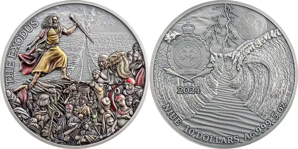 Direkt bestellen | 10 Dollars The Exodus Fundamental Stories of the Bible 5 oz Antique finish Silver Coin 10 Niue 2024