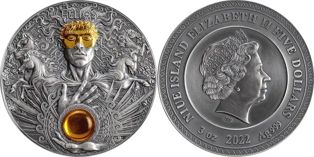 5 Dollars Helios Divine Faces of the Sun 3 oz Antique finish Silver Coin 5 Niue 2022 - Kostenlose Rückgabe