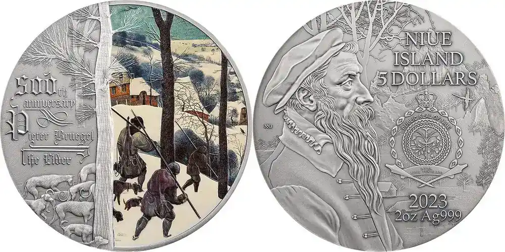 5 Dollars The Hunters in the Snow Pieter Bruegel 500th Anniversary 2 oz Antique finish Silver Coin 5 Niue 2023 | Nur für kurze Zeit