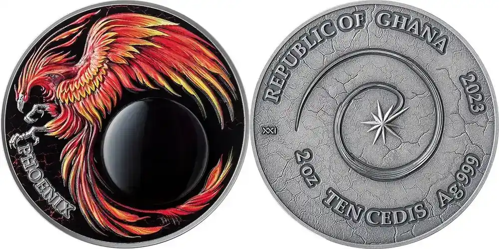 Phoenix Chronicles of Fire 2 oz Antique finish Silver Coin 10 Cedis Republic of Ghana 2023 - Jetzt sichern