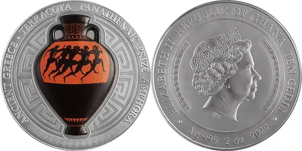 Panathenaic Prize Amphora 2 oz Antique finish Silver Coin 10 Cedis Republic of Ghana 2022 - Extra sparen