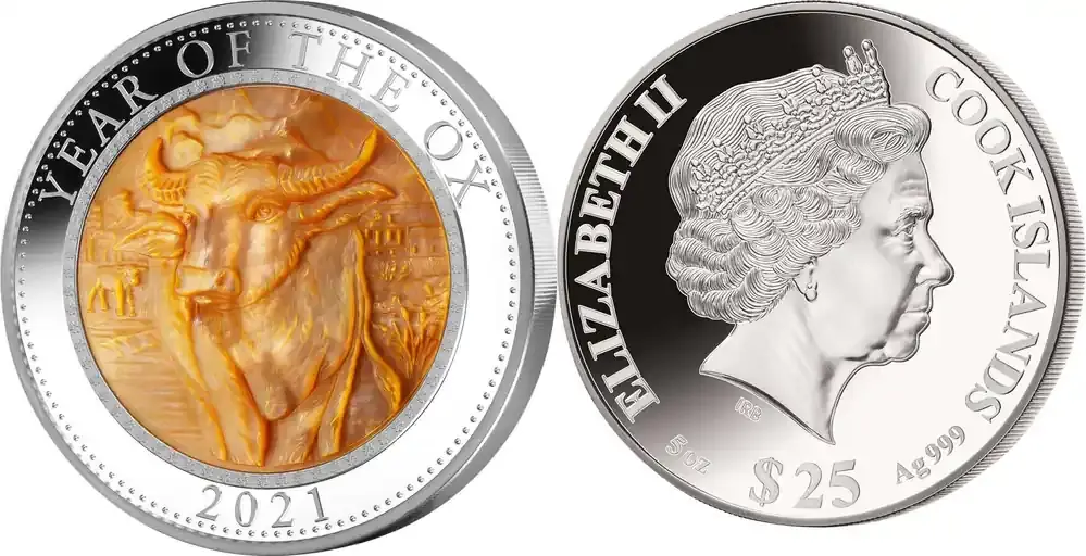 Letzte Chance - 25 dollars Year of the OX Mother of Pearl 5 oz Proof Silver Coin 25 Cook Islands 2021 PP