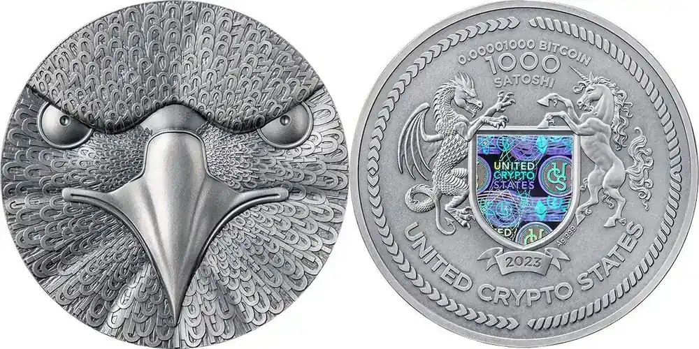 Top-Angebot | Binary Eagle Binary World 2 oz Antique finish Silver Coin 1000 Satoshi 2023 United Crypto States