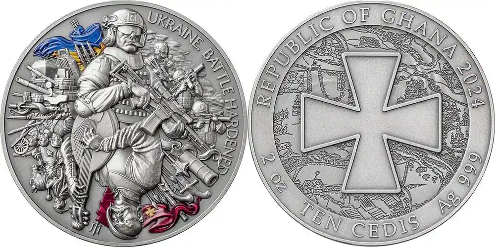 Ukraine. Battle Hardened 2 oz Antique finish Silver Coin 10 Cedis Republic of Ghana 2024 - Heute bestellen