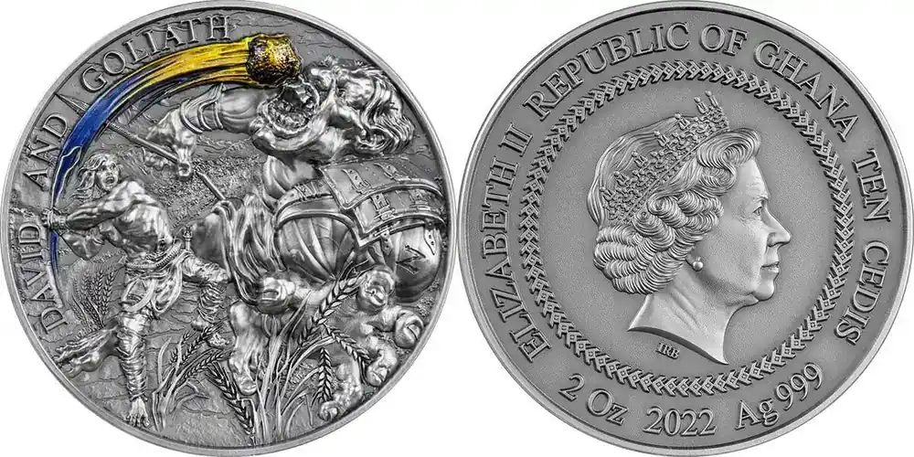 David and Goliath 2 oz Antique finish Silver Coin 10 Cedis Republic of Ghana 2022 - Qualitätsprodukt
