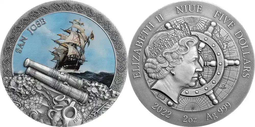 5 Dollars San Jose Grand Shipwrecks in a History 2 oz Antique finish Silver Coin 5 Niue 2022 | Nur diese Woche