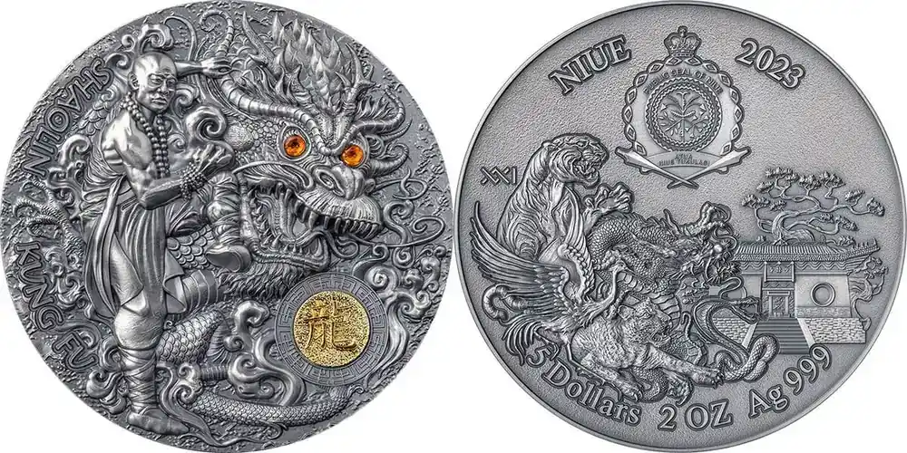 Nur noch wenige - 5 Dollars Shaolin Kung Fu Dragon Martial Arts Styles 2 oz Antique finish Silver Coin 5 Niue 2023