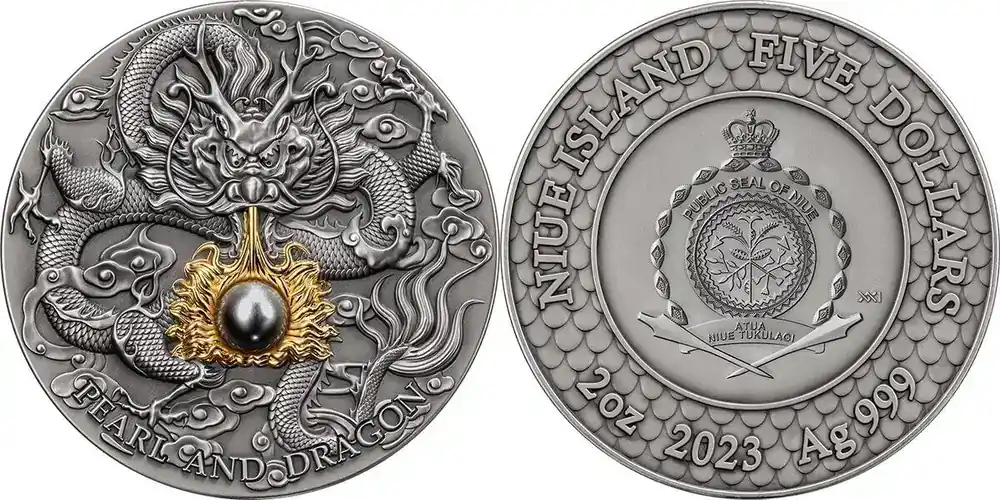 5 Dollars Black Pearl and Dragon Divine Pearls 2 oz Antique finish Silver Coin 5 Niue 2023 - Beliebt