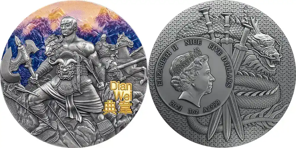 5 Dollars Dian Wei Warriors of Ancient China 3 oz Antique finish Silver Coin 5 Niue 2021 - Reduziert