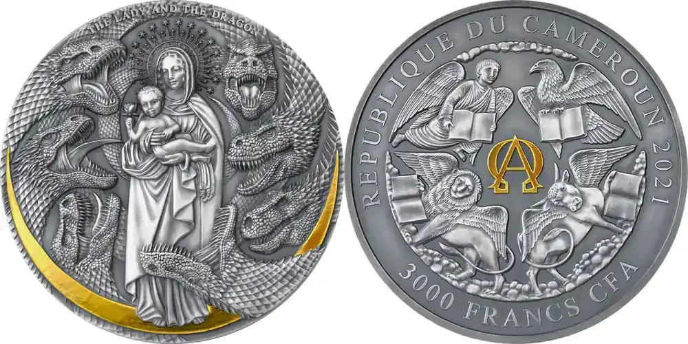 Cameroon 2021 The Lady and the Dragon Apocalypse 3 oz Antique finish Silver Coin 3000 Francs | Sehr beliebt
