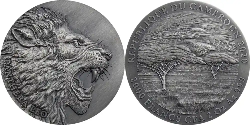 Kundenliebling | Cameroon 2020 Panthera Leo Expressions of Wildlife 2 oz Antique finish Silver Coin 2000 Francs