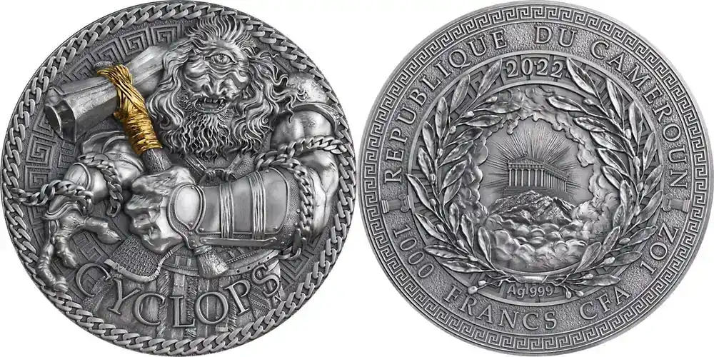 Hammerpreis | Cameroon 2022 Cyclops The Great Greek Mythology 1 oz Antique finish Silver Coin 1000 Francs CFA