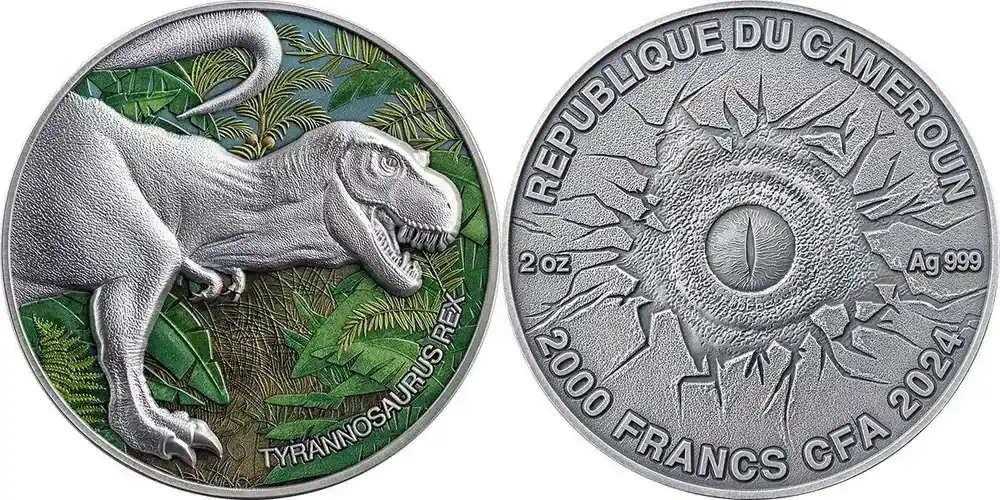 Tyrannosaurus Rex Special Edition Lost World 2 oz Antique finish Silver Coin 2000 Francs CFA Cameroon 2024 | Profi-Qualität