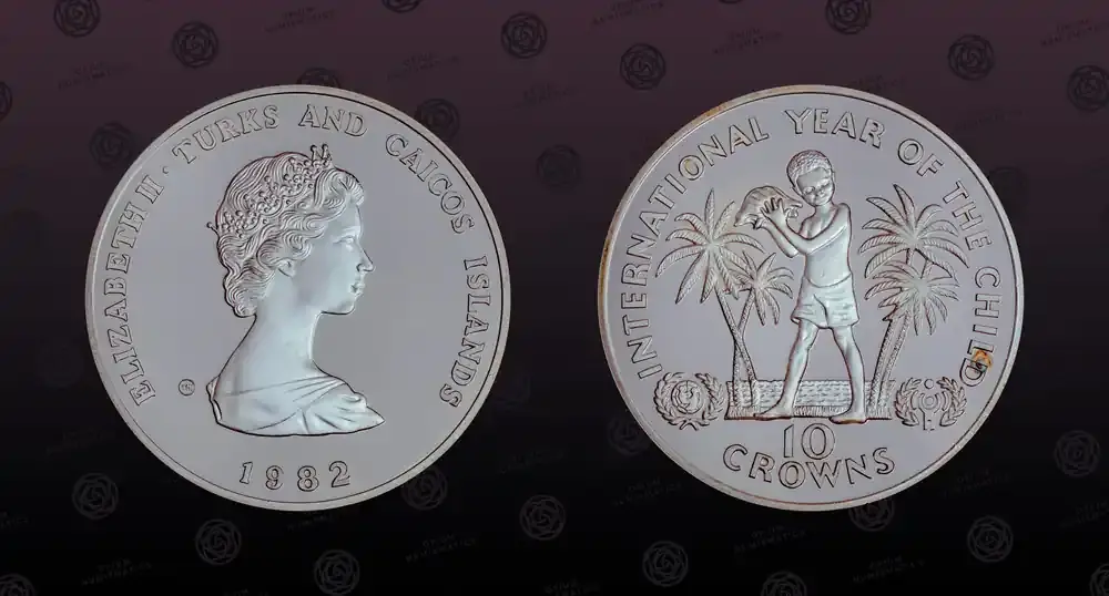 Heute bestellen - TURKS & CAICOS ISLANDS , KM P5 , Silver, 10 Crowns, 1982, Proof, I.Y.C. Silver Piefort. Very Rare. 80 pieces minted! Double Thic PP