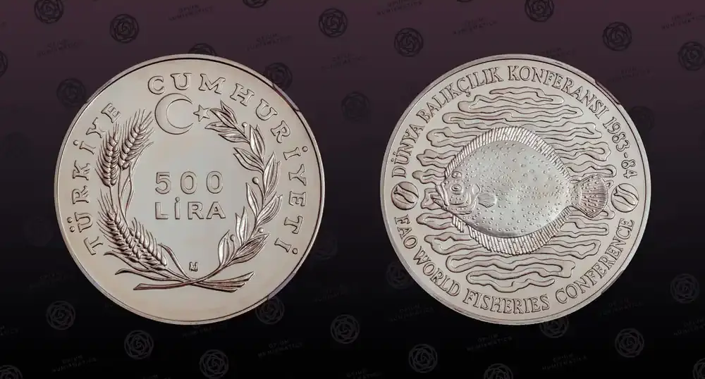 TURKEY, KM 968a , Silver, 500 Lira, 1984, Proof, F.A.O. World Fisheries Conference. Very rare in Silver! Only 763 silver proofs PP | Super-Preis
